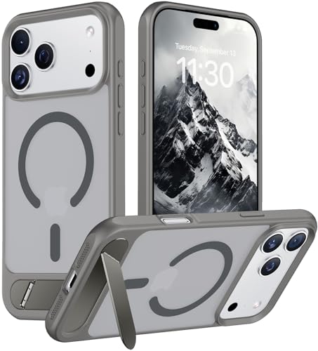 Image of Designed for iPhone 17 Pro Case, [Built-in Invisible Kickstand][Compatible with MagSafe][Military Grade Shockproof] Slim Translucent Matte Phone Case 6.3 inch (Gray)