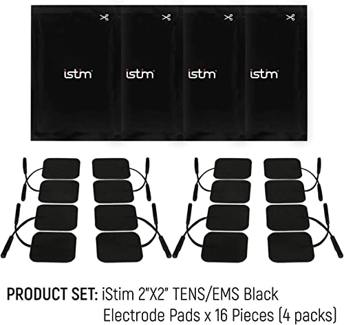 Istim Super Soft 2"X2" Tens Unit Electrodes For Tens Massage Ems Unit/Muscle Stimulator - 100% Japanese Gel - 16 Pieces Reusable Electrode Pads (2"X2"- 16 Pieces - Black) #TOP5