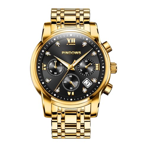 PINDOWS Luxusuhren für Herren, Quarz-Chronograph mit Datum, großes Zifferblatt, wasserdichte Business-Armbanduhr, Edelstahlarmband, Leuchtzeiger, Diamant-Akzente
