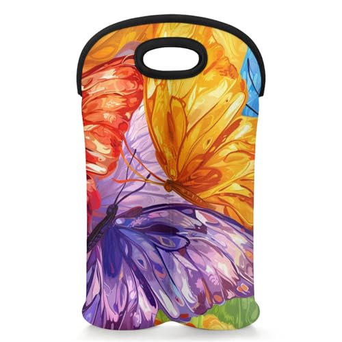 GzLeyigou 2 Bottles Butterfly Colorful Wine Bag Sleeve Totes Neoprene Protective Wine Carrier Bag for Wine,Water, Champagne, Beer, Baby Bottles,Gift 14.5 x 10 Inches