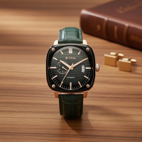 Image of Titan Vintage Concealed Automatic Analog with Green Dial Green Leather Strap Watch for Men - 90225KL01