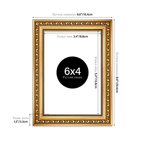6x4 Gold Ornate Picture Frame 6"x4"(15.2x10.2cm) Poster, Photo, Artwork, or Print. Elegant Style Portrait and Landscape Display with Wall Hooks