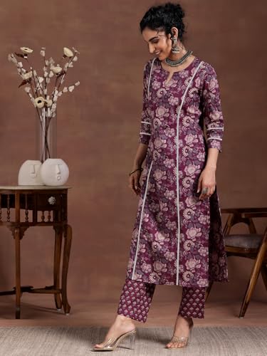 Image of Libas Burgundy Printed Cotton Blend Straight Kurta set for Women | daily wear suit