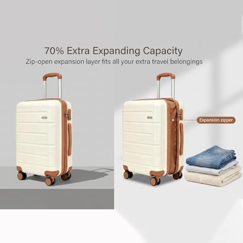 Image of 3-Piece Luggage Set with Carry On Luggage Set 22x14x9 Airline Approved, ABS Hardside Suitcase with 8 Spinner Wheels & TSA Lock, Expandable Suitcase for Men & Women (20 /TB /DB Beige)