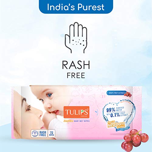 Image of Tulips Sensitive Baby Wet Wipes (72 wipes x 2 Pack), for Gentle Cleaning /Moisturising, Rash Free, 99% Purified Water with Grapefruit Extracts