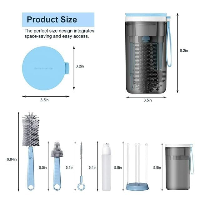 Parssufy Portable Baby Bottle Brush Kit Travel Feeding Bottle Cleaning Set Nursing Bottle Cleaner with Extendable Silicone Bottle Brush/Nipple Brush/Straw Brush/Drying Rack/Soap Dispenser/ (Blue)
