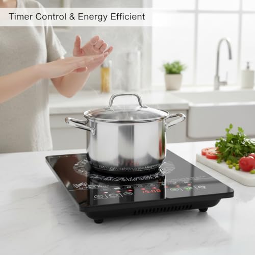Image of Exxelo 10 Year Warranty Portable Induction Cooktop 2000W with LED Display, Touch Controls, Preset Menu Options, Fast Heating Electric Stove, Energy Efficient Cooker for Home & Travel Use