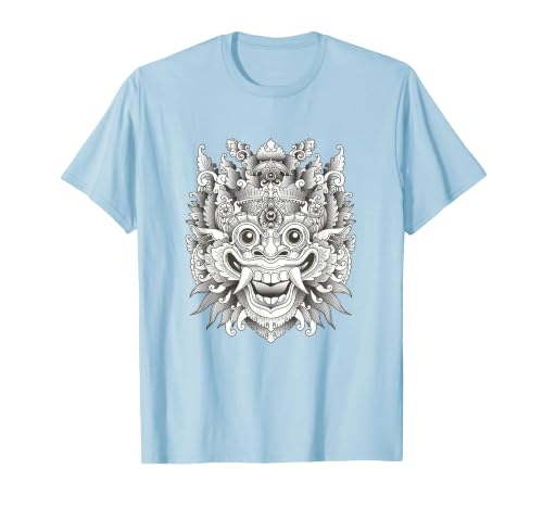 Indonesian Barong Shirt, Bali Mask Shirt, Bali Luck T-Shirt, Men, Baby Blue, Small