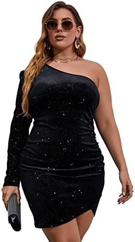 SOLY HUX Women's Plus Size One Shoulder Long Sleeve Ruched Wrap Velvet Bodycon Dress Black 2XL