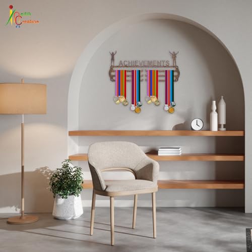 Image of NAITIK CREATION Achievements Medal Hanger for Wall - Metal Wall Display - Holds Up to 65 Medals - Sports Medal Holder - Premium Antique Golden - Perfect for Kids and Athletes