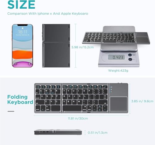 Image of Foldable Bluetooth Keyboard with Touchpad, Rechargeable Slim Travel Tri-Fold Wireless Portable Keyboard, for Tablet, Laptop Black and Silver FOLDPREM88