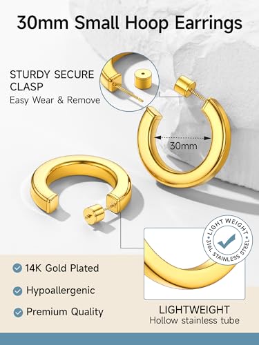 Image of Stainless Steel Chunky Hoop Earrings For Women, Minimalist and Chic, Black /Gold Plated, Round Hoops Earrings Hypoallergenic, Size: 30mm /40mm /60mm /80mm, Come with Box