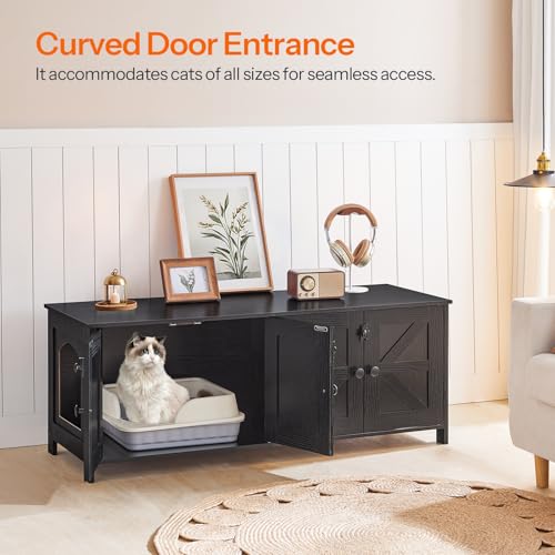 Image of HOOBRO Cat Litter Box Enclosure for 2 Cats, Hidden Litter Box Furniture, 47.2 x 17.7 x 19.7 Inches, Wooden TV Stand with Dual Room, Large Cat House for 2 Cats, Black BK32MW01G1
