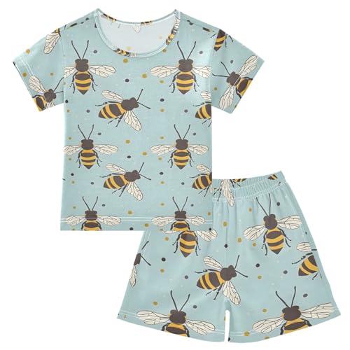 ALAZA Bee Polka Dot Blue Pajamas Short Sleeve 2 Piece Sleepwear Top and Bottom Pajama Set Unisex