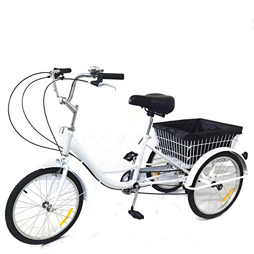 DIFU - Triciclo de 20 pulgadas, 3 ruedas, 8 velocidades, para personas mayores, compras, para adultos, triciclo con cesta de la compra, color blanco