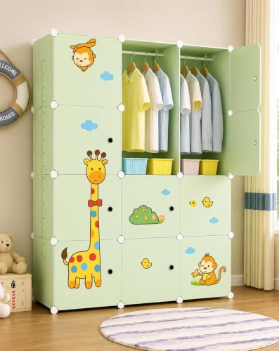 Image of 12 Door Plastic Wardrobe for Kids - Cupboard for Clothes Storage Rack, Almirah for Clothes, Baby Collapsible Wardrobe, Multi-Purpose Kids Storage Organizer for Books,Toy (Green-L4, 12-Door)