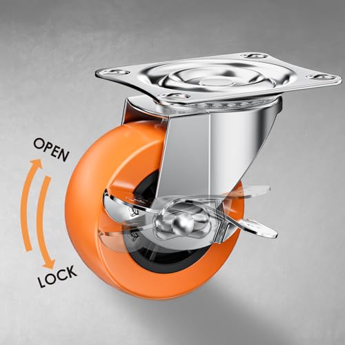 2 Inch Casters, ASHGOOB Caster Wheels with Side Brake, Locking Casters Set of 8, Industrial/Furniture Swivel Plate Caster Wheels for Workbench and Carts, Orange Polyurethane (PU) Castors (8 Pack)