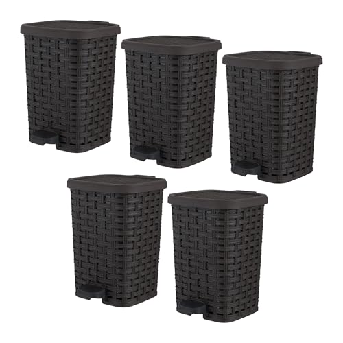 Image of Superio Mini Trash Can with Foot Pedal Small Outdoor Garbage Can with Lid, 1.5 Gallon Plastic Waste Basket for Bathroom, Bedroom, Kitchen, Office, Patio (Wicker Brown 6 QT.), 5 Pack