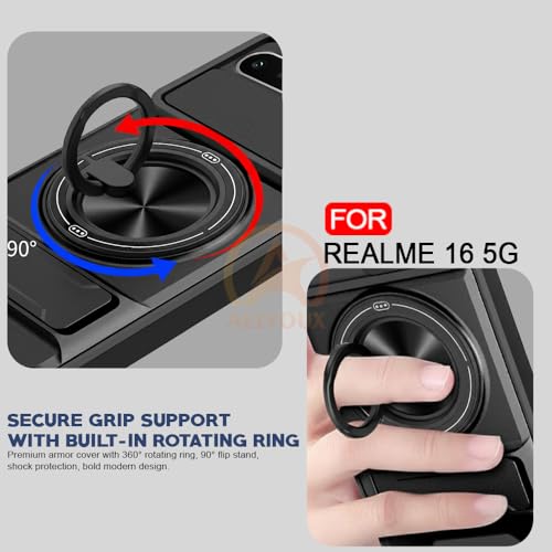Image of Realme 16 5G Back Cover | Armor Camera Slider 360 Degree Rotating Finger Ring Holder Case with Bracket Stand Back Case Cover (Compatible with MagSafe Accessories) (Black)
