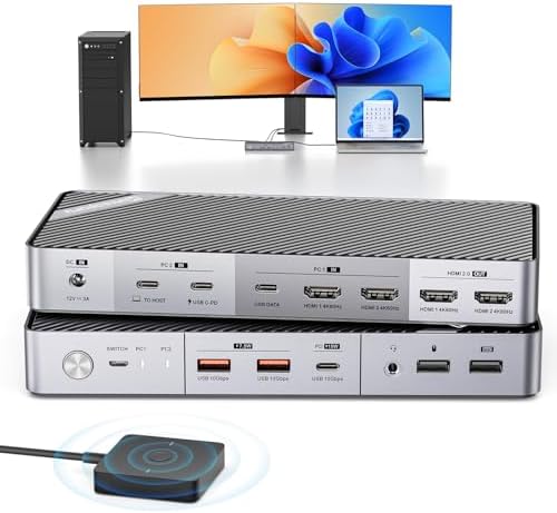 Minisopuru Dual Monitor KVM Switch Docking Station for Laptop & Desktop - with 4K@60Hz HDMI,15W Charge, EDID, 5 USB A USB-C, Audio, for Thunderbolt 5/4/3, USB-C Windows Laptops(Not Support MacBook)
