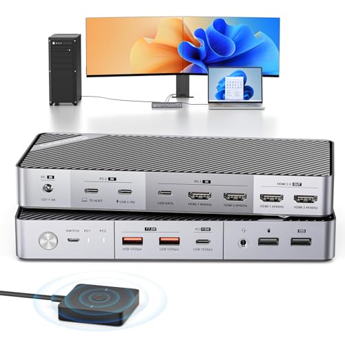 Minisopuru Dual Monitor KVM Switch Docking Station for Laptop & Desktop - with 4K@60Hz HDMI,15W Charge, EDID, 5 USB A USB-C, Audio, for Thunderbolt 5/4/3, USB-C Windows Laptops(Not Support MacBook)
