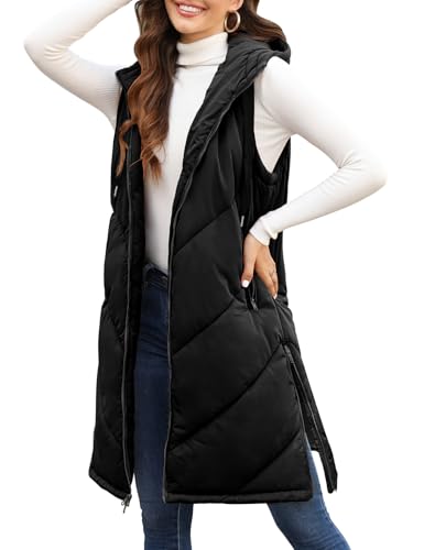 HEEKPEK Womens Puffer Vest Sleeveless Hooded Long Puffy Vests Zip Up Quilted Thick Winter Jackets Outerwear with Pockets (Black,Large)