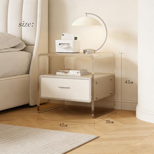 Modern Acrylic Nightstand with Drawer - Transparent Bedside Table for Bedroom & Living Room, Clear Design Ideal for Small Spaces, Light Gray Finish