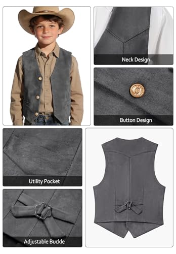 Image of Retro Boys Western Cowboy Vest for Kids Leather Suede Waistcoat | vintage dress vests, welt pockets, v-neck, adjustable waist, formal slim fit, wedding outfit, farm christmas birthday prom