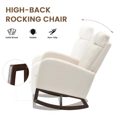 Image of Teddy Nursery Rocking Chair, High Back Glider with Footrest, Beige | Teddy Rocking Chair Nursery with Footrest Storage Pocket Upholstered Accent Arm Chair for Living Room Bedroom Indoor