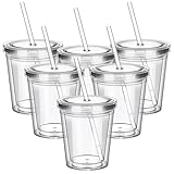 FoldTier 6 Pcs Clear Tumblers with Lid and Straw for Kids, 12 oz Insulated Acrylic Double Wall Cups Toddlers Reusable Plastic Cup Kids Bulk (Clear Lid)