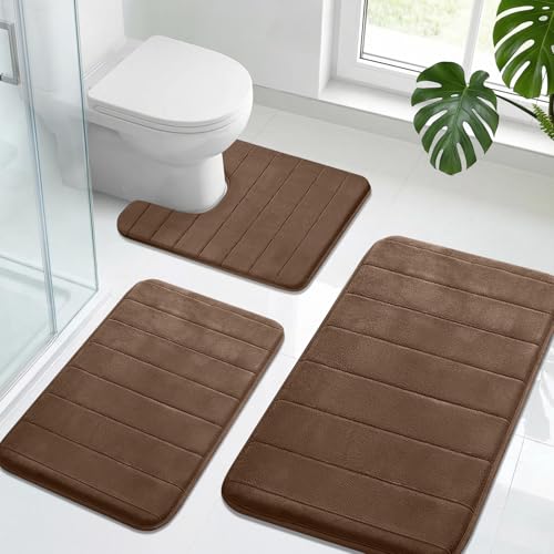 Neween Bathroom Rugs Set 3 Piece Extra Soft Absorbent Non Slip Memory Foam Bath Mat Set Thick & Quick Dry Washable Bath Rugs Bathroom Carpet Contour Toliet Mats for Floor Tub Shower (Brown)