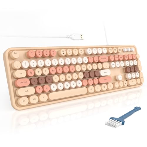 Image of MOFII Milk Tea Colorful Retro Round Typewriter Keyboard, Full Size USB-A Wired Plug Play, 104 Keys, Tactile Switches, Ambidextrous, QWERTY Layout, Compatible with Windows PC Laptop