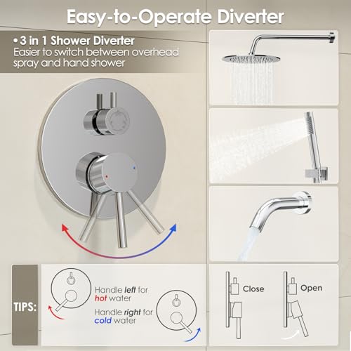 Image of Gabrylly Shower System with Tub Spout, Bathtub Shower Faucets Set with 3-Way Shower Valve, High Pressure 10 inch Rain Shower head with Handheld Spray Combo, Wall Mounted Rainfall Shower Head Set, Chrome