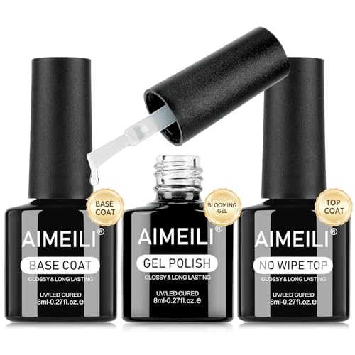 AIMEILI Base Coat Top Coat Blooming Gel Set Alto Brillo Gel Difusor, Capa Superior y de Base Blossom Soak Off UV/LED Para Manicure Home Salon DIY, 3 x 8 ml