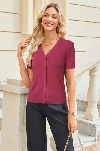 Image of Arach&Cloz Women's Wool Blend Short Sleeve Lightweight Cardigan Business Casual Summer Sweaters Tops