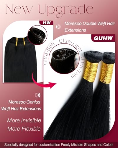 Image of Moresoo Genius Weft Hair Extensions Human Hair, Jet Black, 22 Inch 80g | Remy human hair with soft shine and long layers, perfect for photoshoots, weddings and glamorous hairstyles