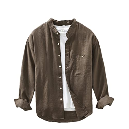 Chemise en lin respirant manches longues col montant homme café XXL look casual