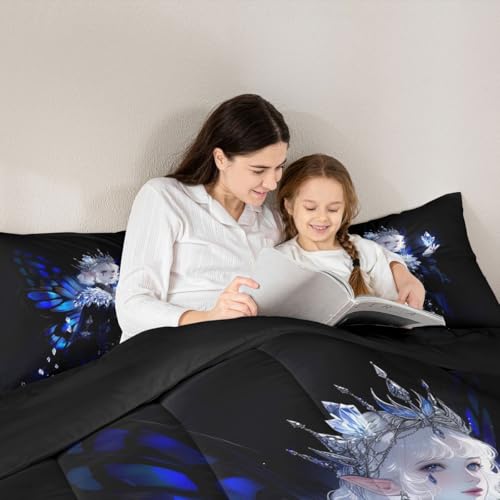 Image of Erosebridal Gothic Girls Comforter Set for Kids Boys Girls A Girl Wearing A Crown Bedding Butterfly Diamond Feather Print Duvet Set Coquette Princess Comforter Queen with 2 Pillowcases