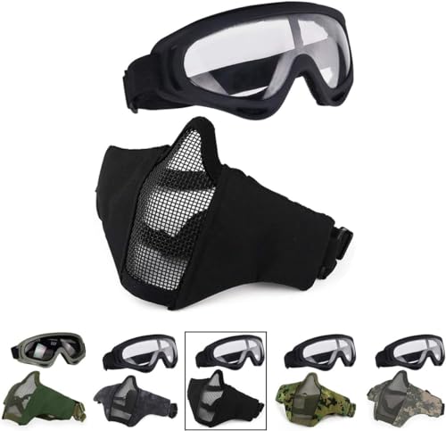 AOUTACC Airsoft Mask Tactical Goggles Set, Foldable Half Face Mesh Mask with Airsoft Goggles Set, Tactical Airsoft Gear for Hunting, BBS, Shooting, Paintball (Black)