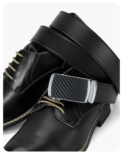Image of Chaoren Leather Ratchet Belt 2 Pack Dress with Click Sliding Buckle 1 3 /8 inch in Gift Set Box - Adjustable Trim to Fit