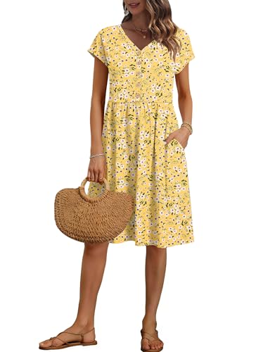 Image of AUSELILY Women's Summer Short Sleeve Knee-Length V Neck Dress with Pockets | V Neck,Cap Sleeve,Loose-Fit,Casual Dresses,2026 New