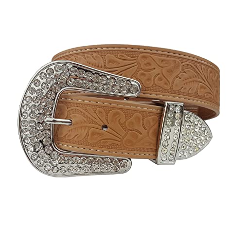 Western Embossed Belt with crystal buckle set (LXL, Tan(Big Floral))