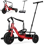 RIDYEE 2-in-1 Tricycle for Toddlers Ages 1.5–3, Trike with Extended Push Handle, Removable Wagon-Style Basket, Adjustable Handlebar with Tassels, and Fore-AFT Adjustable Seat, Red
