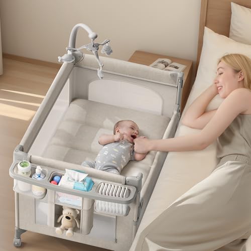 TinyGlow 4 in 1 Baby Bassinet, Pack and Play, Bedside Crib Sleeper, Diaper Changer, Quickly...