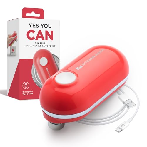 Kitchen Mama Mini Plus Abrelatas eléctrico recargable: compacto, carga tipo C, manos libres, apagado automático, bordes lisos, apto para alimentos; ideal para el hogar (Rojo)