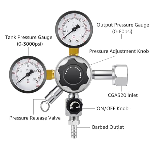 MRbrew Keg CO2 Regulator, Kegerator Regulator CGA-320, 0-60 PSI Working Pressure, 0-3000 PSI Tank Pressure, Beer Regulator, Co2 Tank Pressure Regulator with Safety Pressure Relief Valve