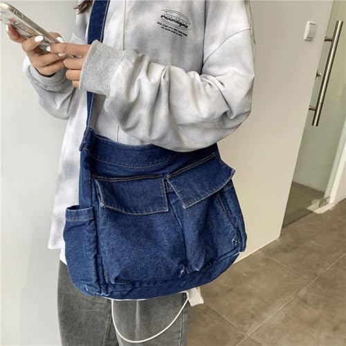 Image of Denim Shoulder Bag Canvas Messenger Bag for Women Men Tote Bag Casual Retro Aesthetic Crossbody Bag Handbag