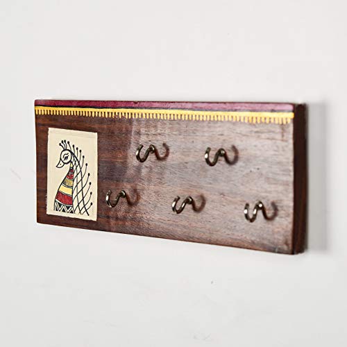 Image of ARTYSTA BEAUTIFYING LIVES 'Peacock On Plank' White Wooden Key Holder For Wall Stylish Decorative Keychain Holder Key Hanger For Home Decor (5 Hooks)