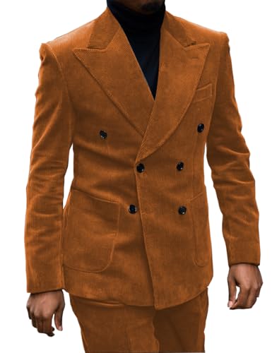 Men's Corduroy 2 Piece Suit - Double Breasted Blazer and Pants Set for Wedding Prom