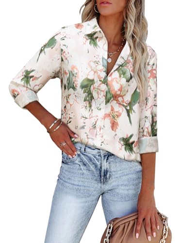 Blouses for Women Aesthetic Button Down Shirts Long Sleeve Dressy Casual Floral Tops Fall Outfits for Women 2025 Trendy - White Green Floral L